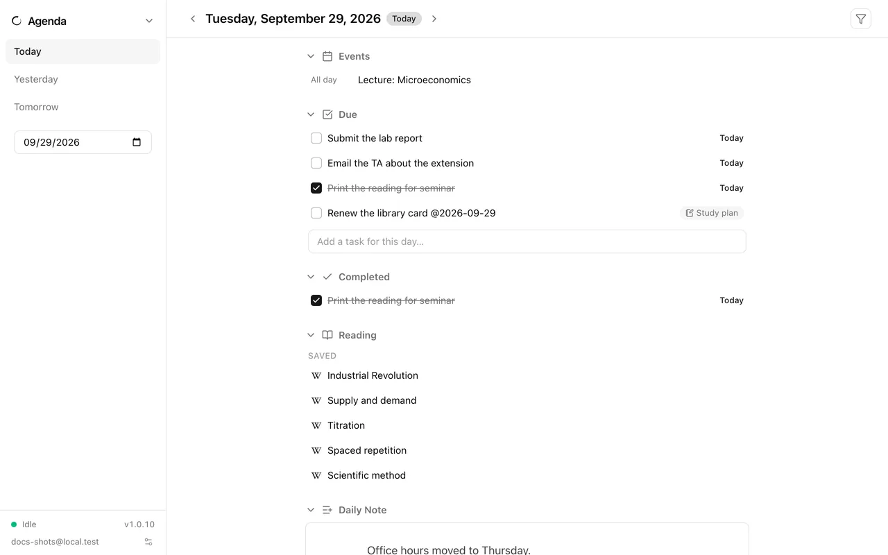 Ensō's Agenda: today's events, due tasks, reading, and the daily note in one view