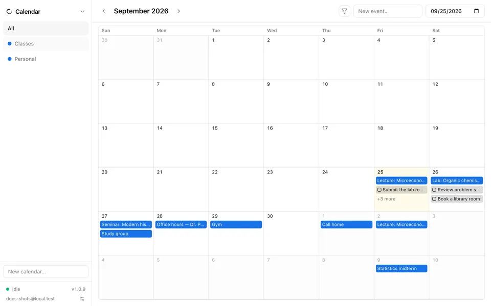 Ensō's Calendar: a month view with colour-coded events and task chips on the days they are due