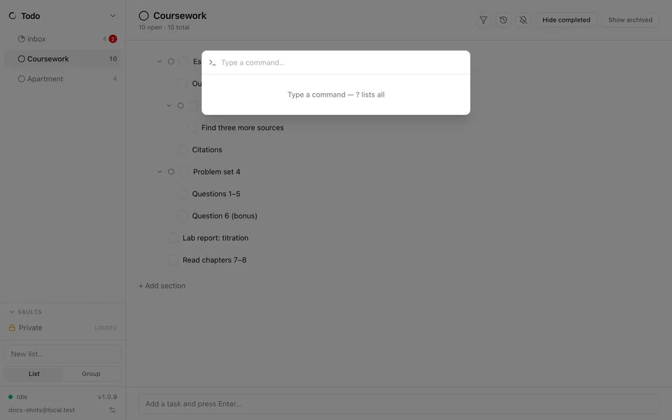 Ensō's command palette open over the Todo app