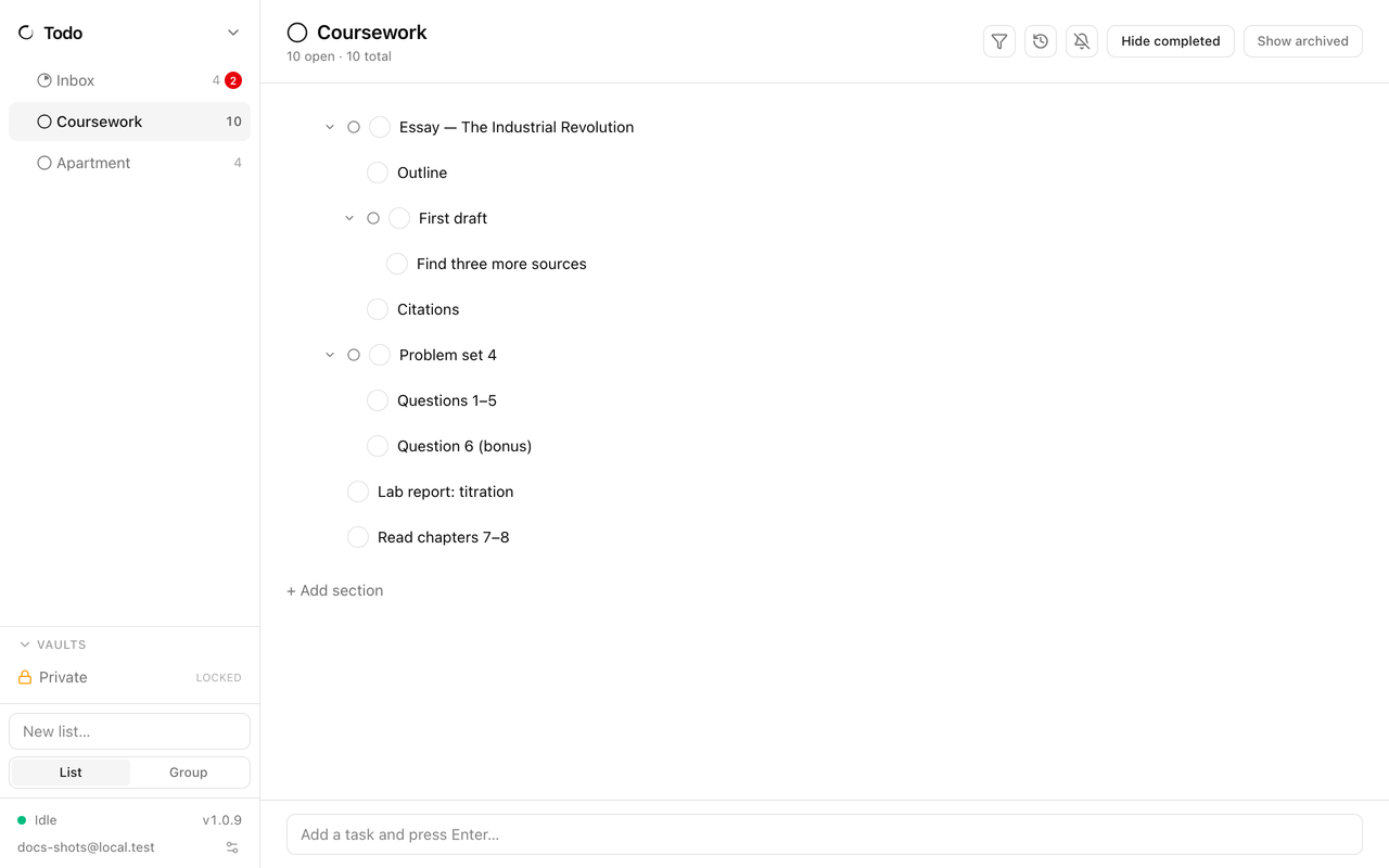 Ensō's Todo app: a launch checklist with subtasks nested three levels deep and the lists rail on the left