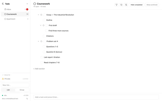 The Todo app in the Minimal theme