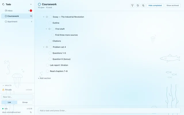 The Todo app in the Ocean theme, with line-art sea creatures at the edges