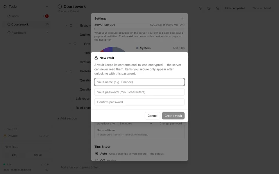 Creating a Vault in Ensō's Settings: a name and password for an end-to-end encrypted vault