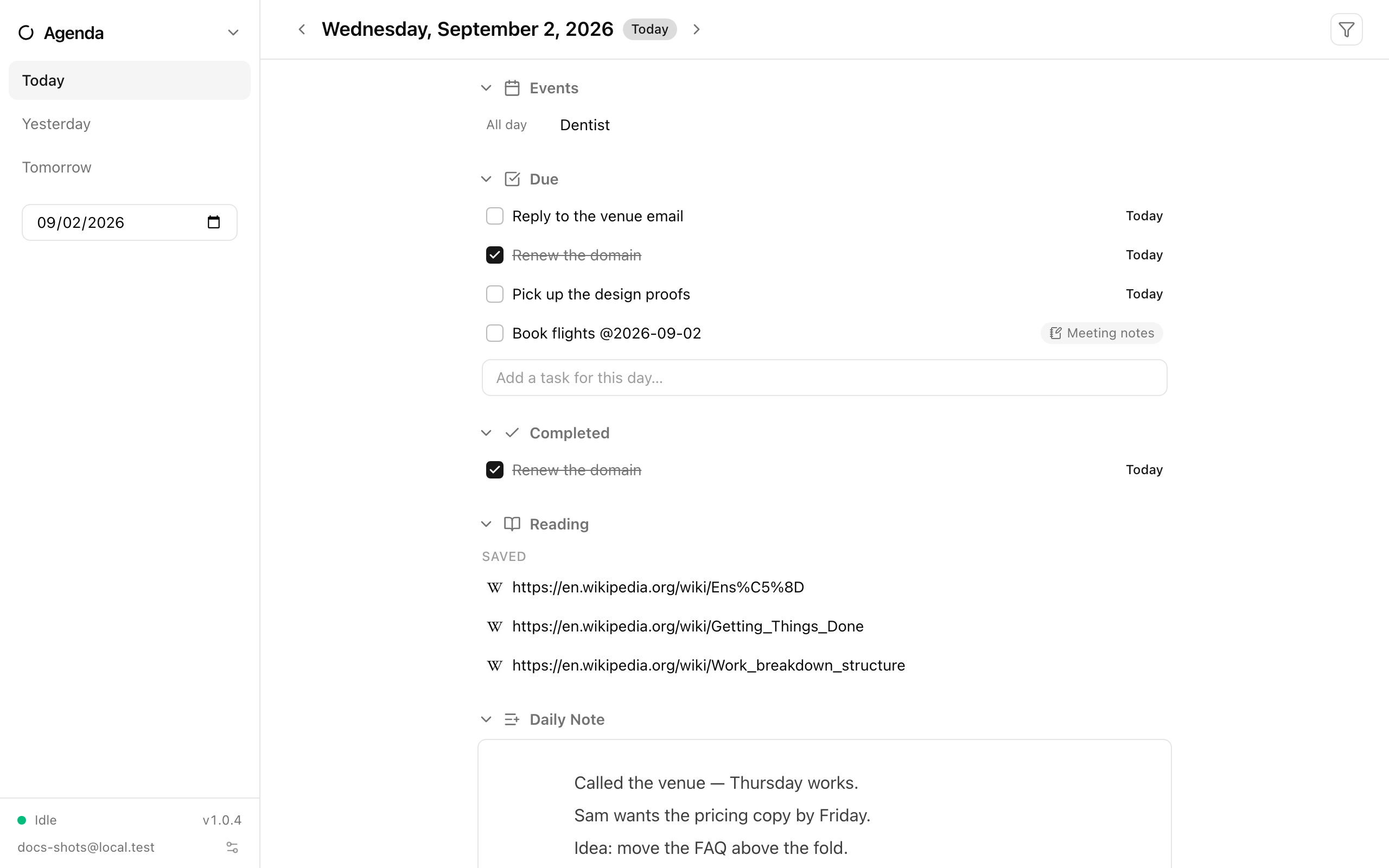 The Agenda showing today’s events, due tasks, and daily note