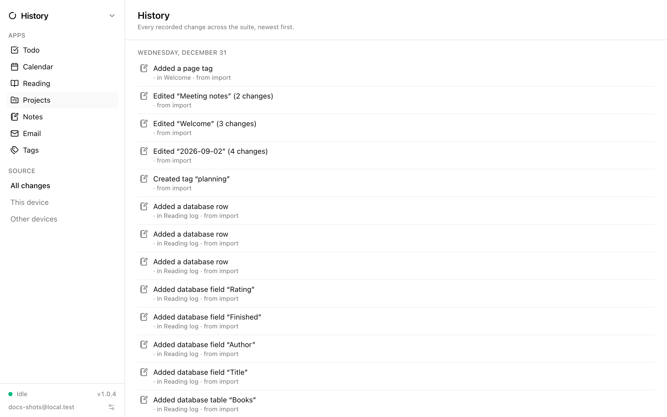 The History app’s day-grouped feed with app and device filters