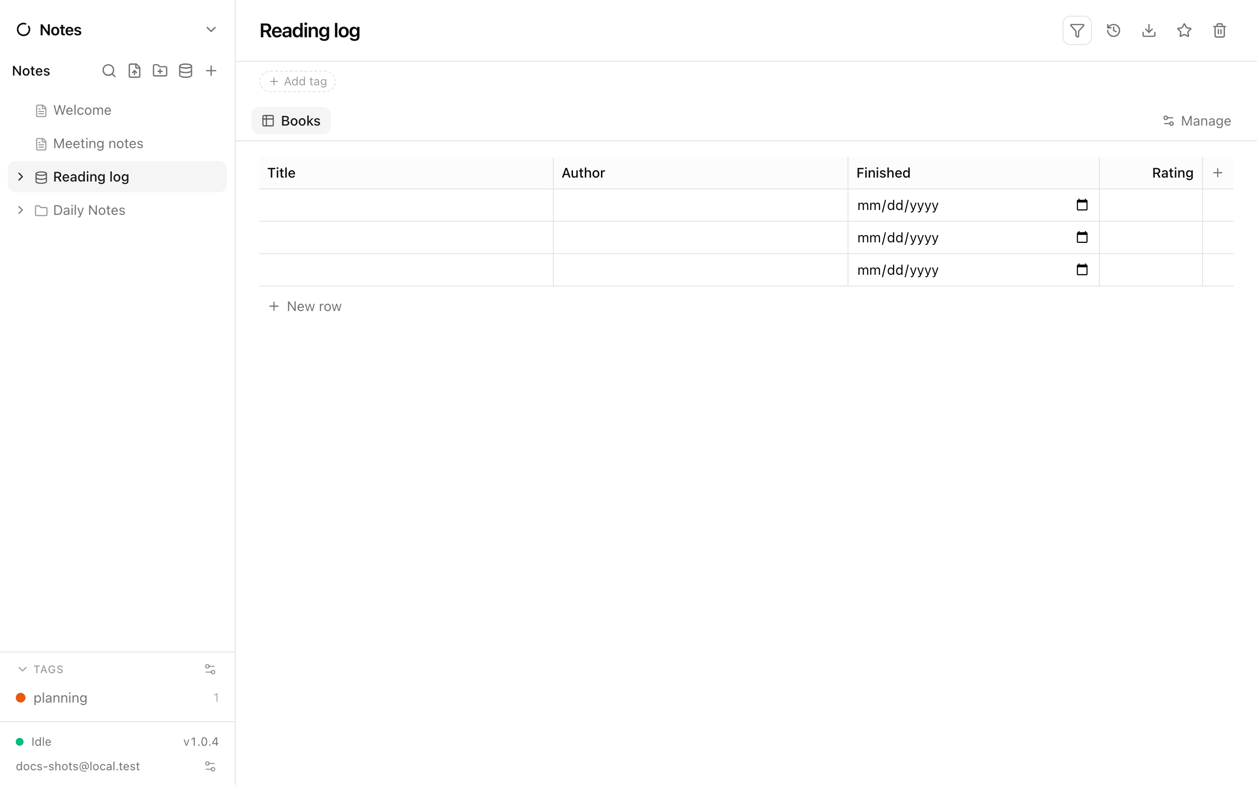 A database page showing a table view with columns and rows