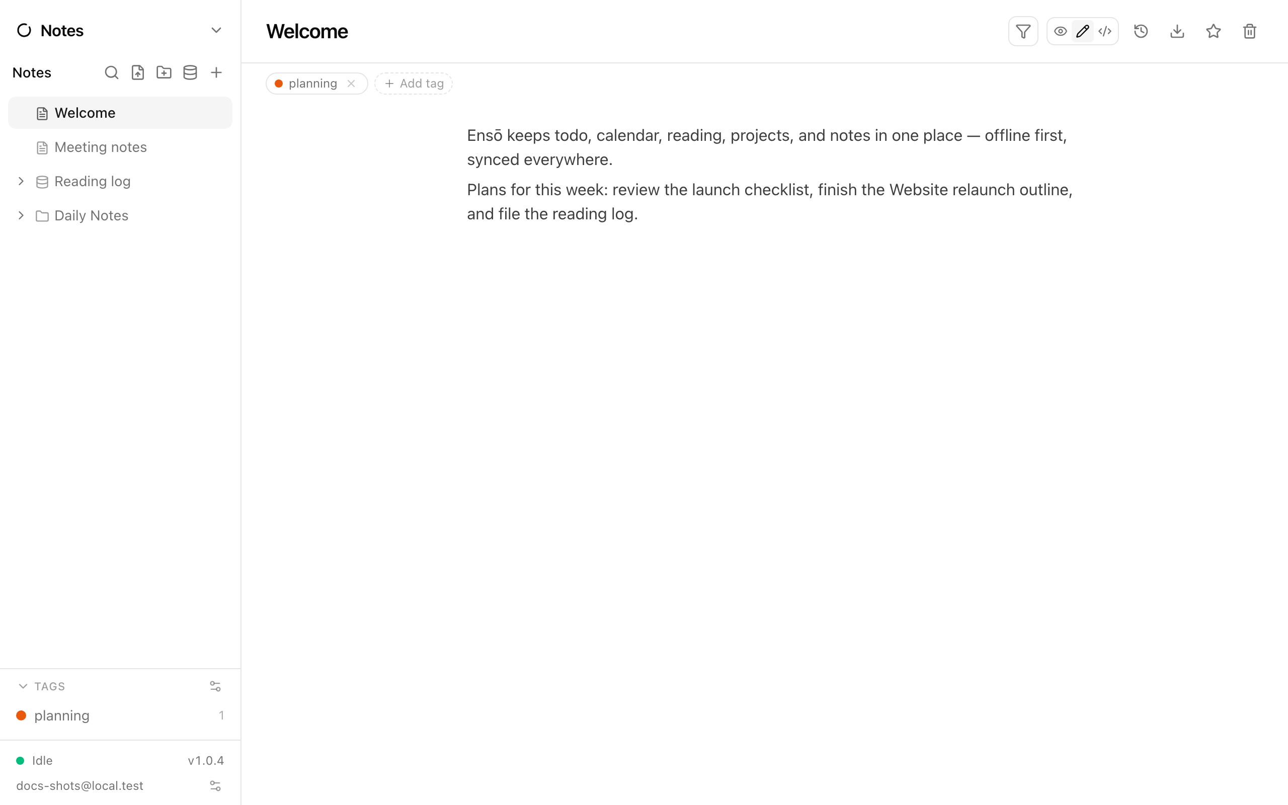 The Notes module with a page tree and the block editor