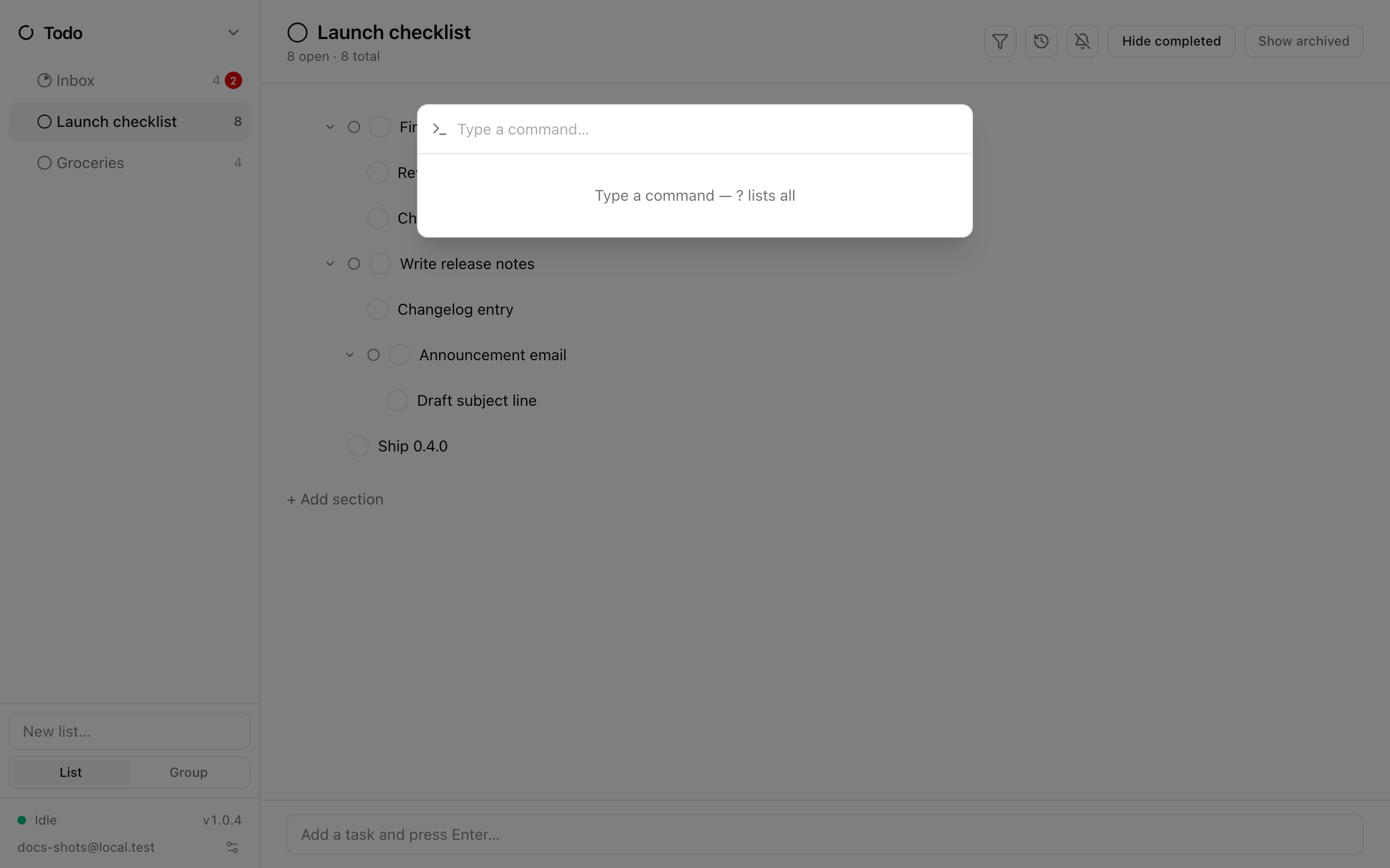 The command palette open over the suite, with the command list and the input field