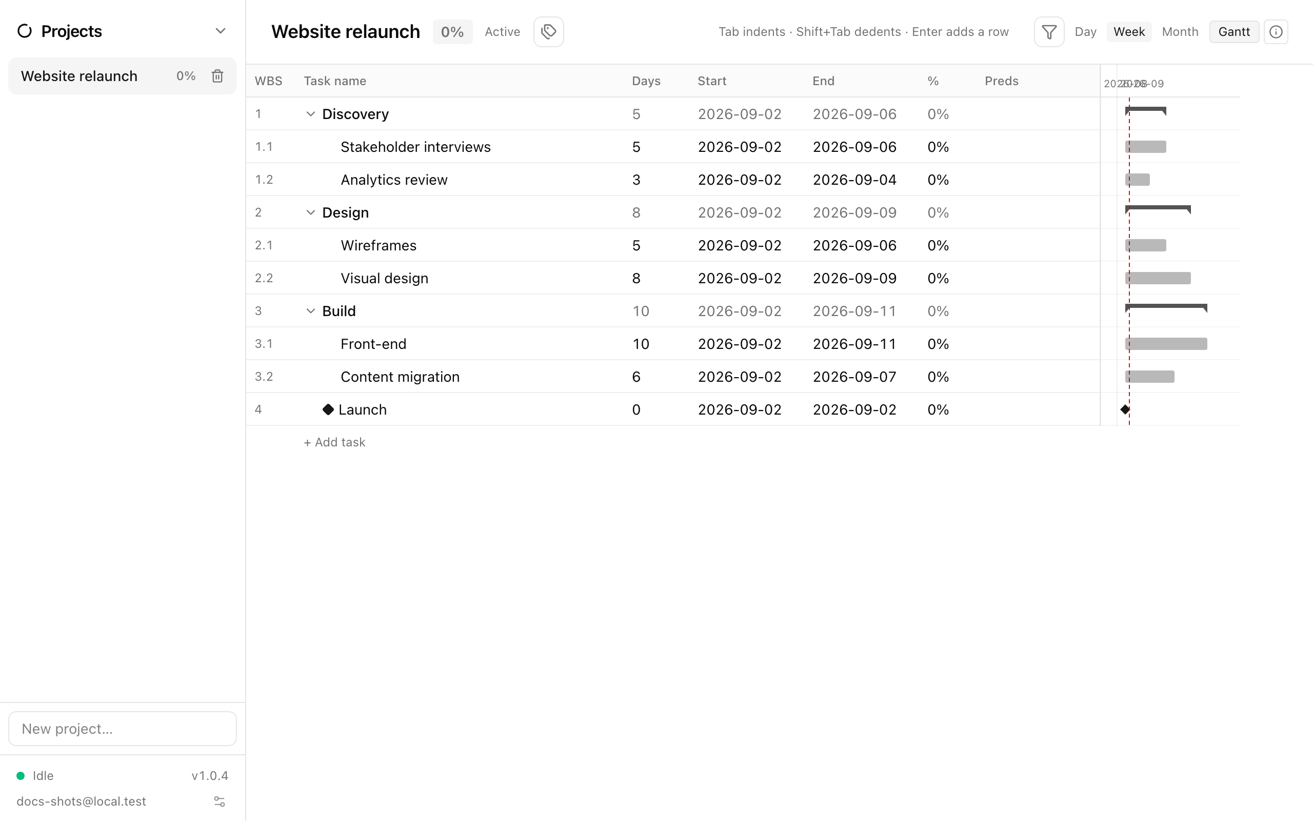 The Projects outline grid with WBS numbers, dates, percent complete and predecessors