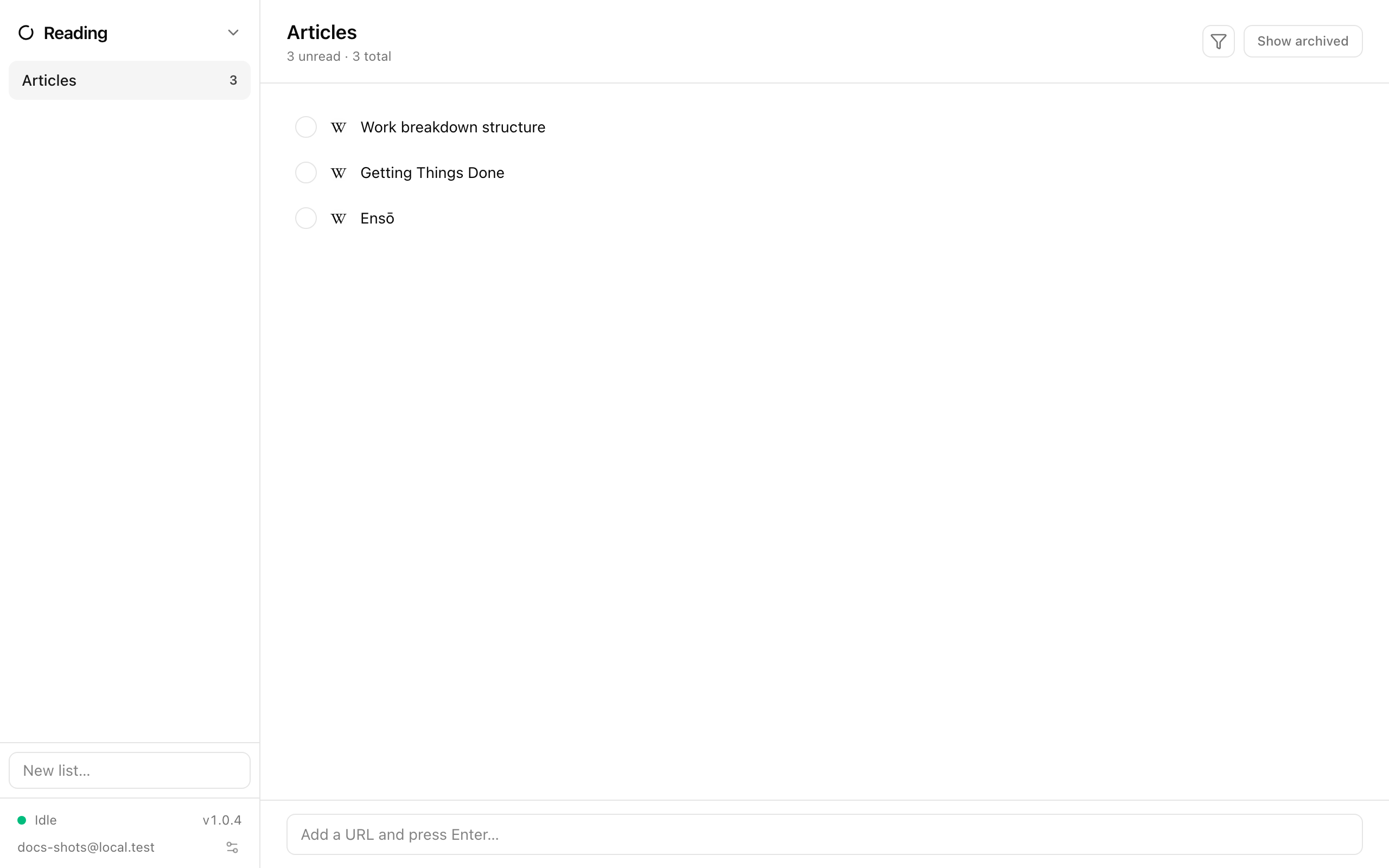 The Reading module with saved pages in a list