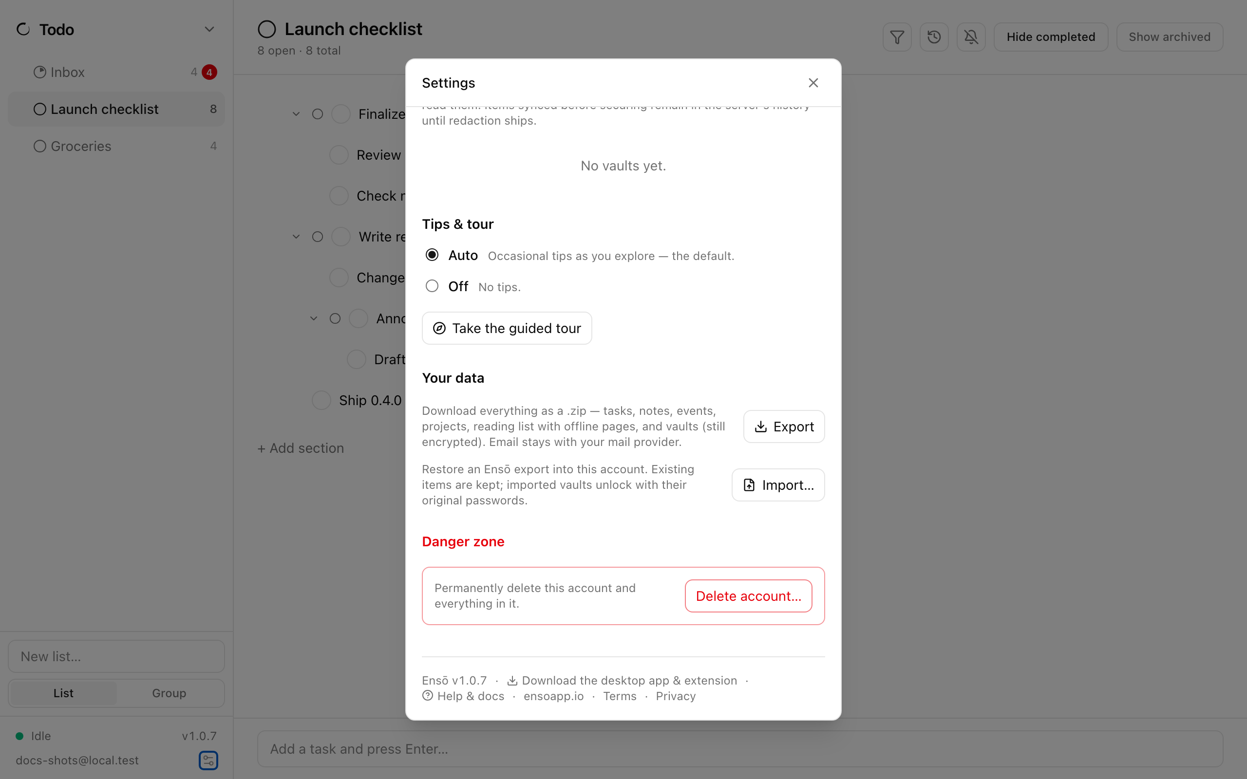 The Settings dialog showing the version and device list