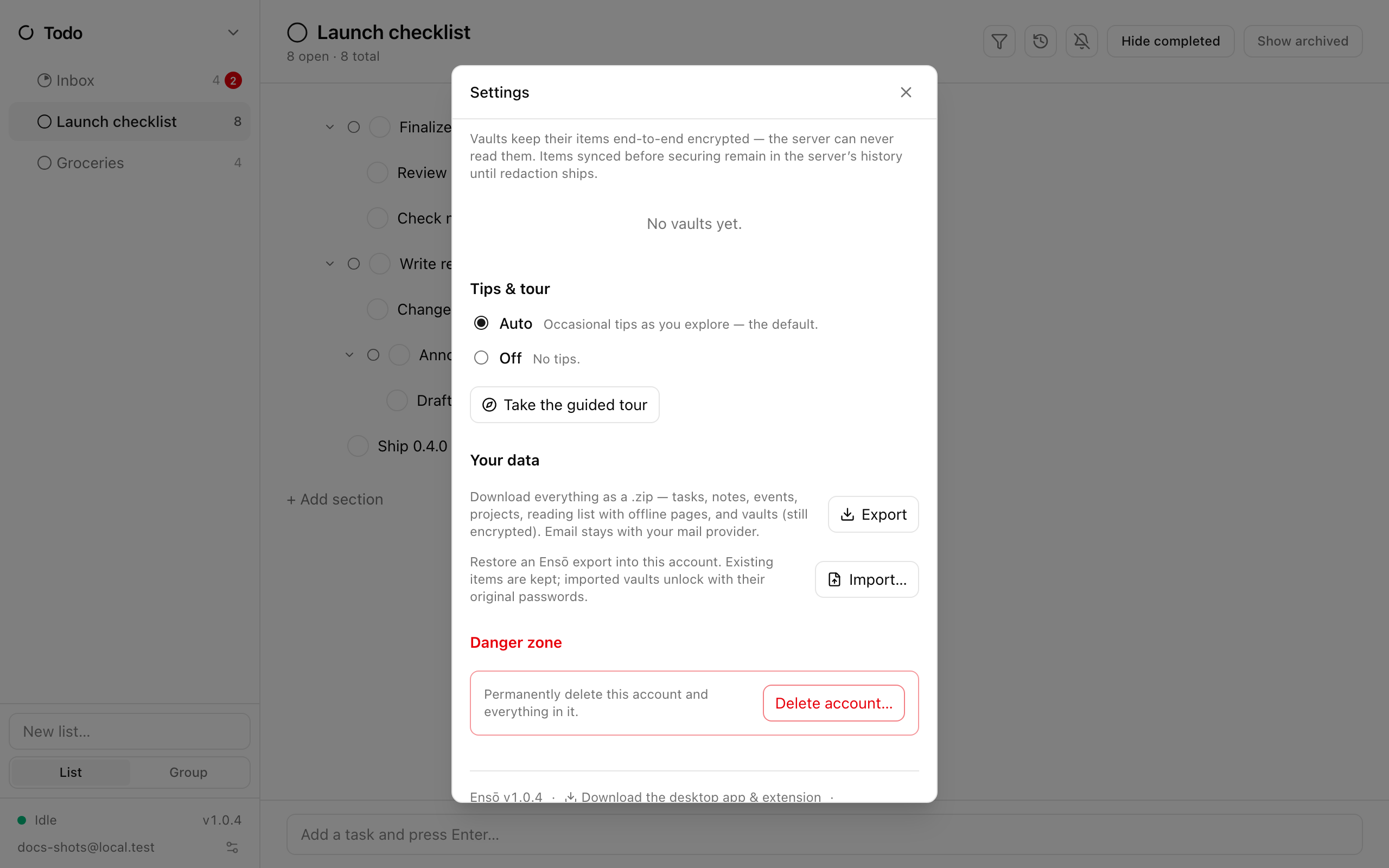 The Your data section of Settings, with the Export and Import buttons and the storage meter