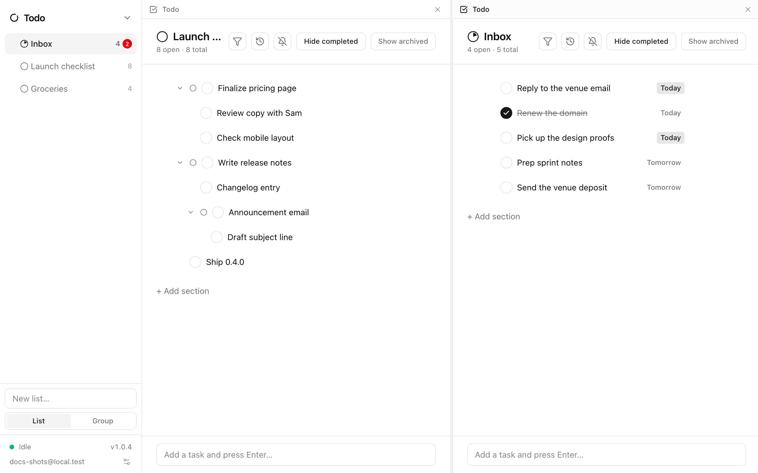 Ensō in split view, with Notes in the left pane and Todo in the right pane