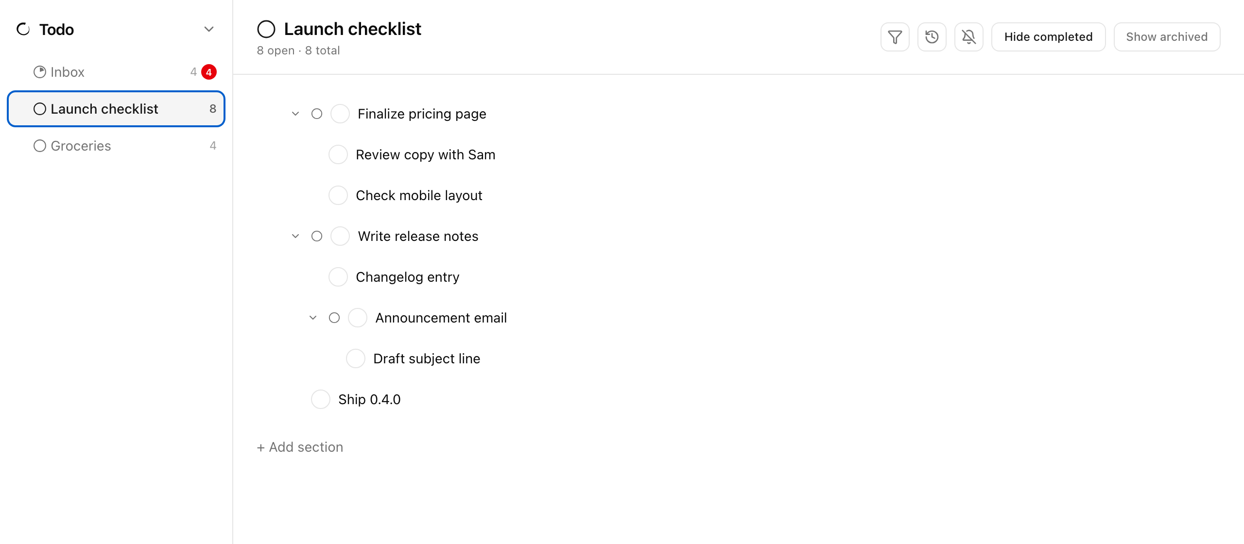 A task with nested subtasks and the progress pie