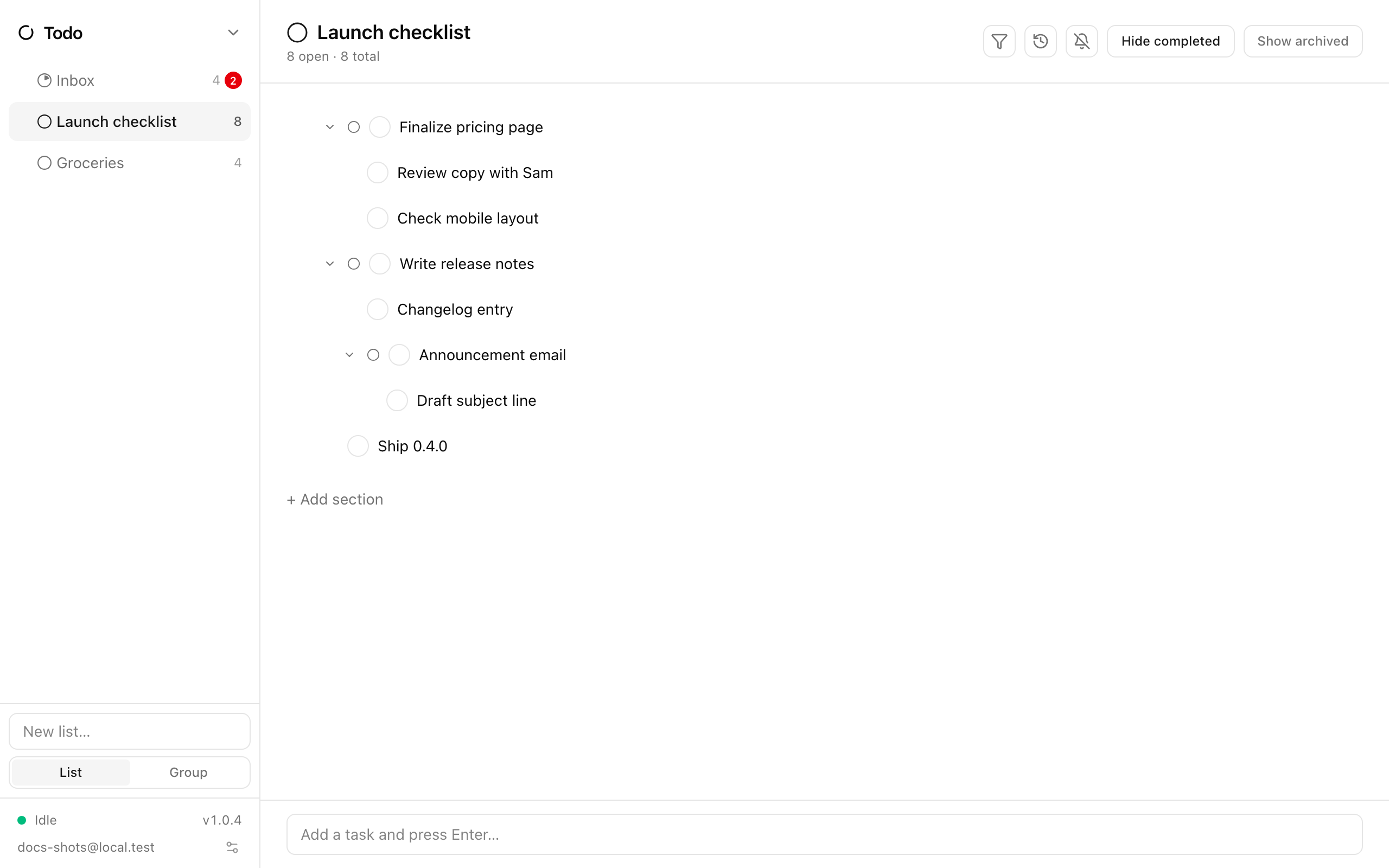 The Todo app with a list open, sections, and the task detail panel