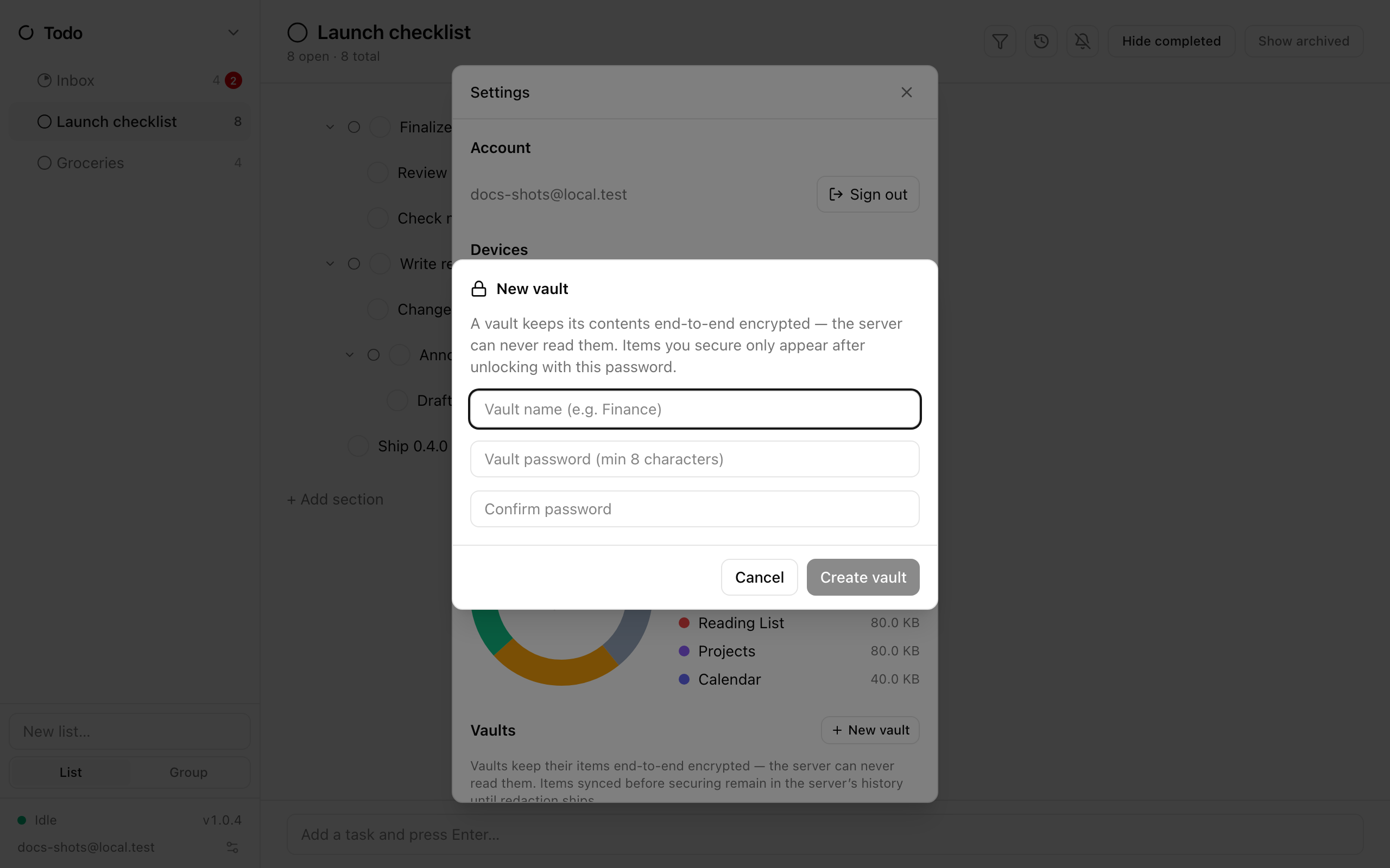 The New vault dialog asking for a name and password